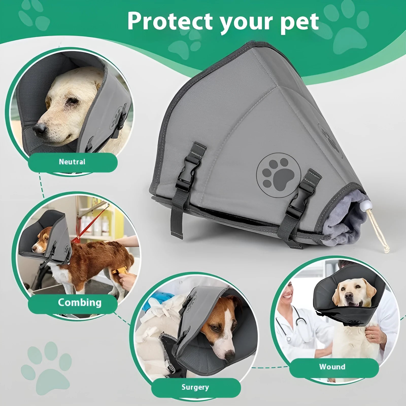 An adjustable white polyester ring collar for pets, shown in single and double layer styles, on a grey background.