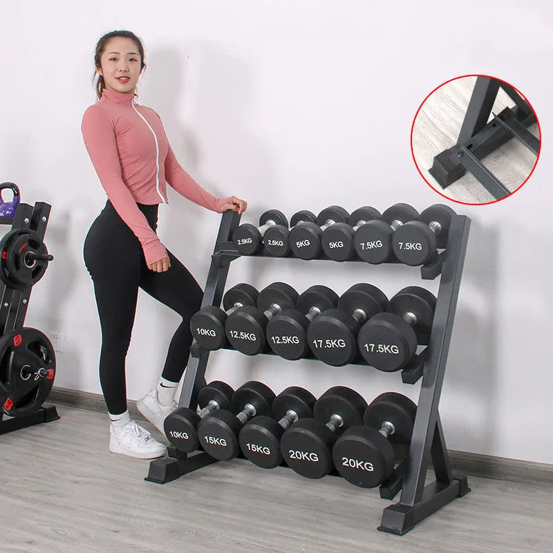 Black three-layer dumbbell rack, 940 x 500 x 950mm, square tube and angle iron frame for home gym storage