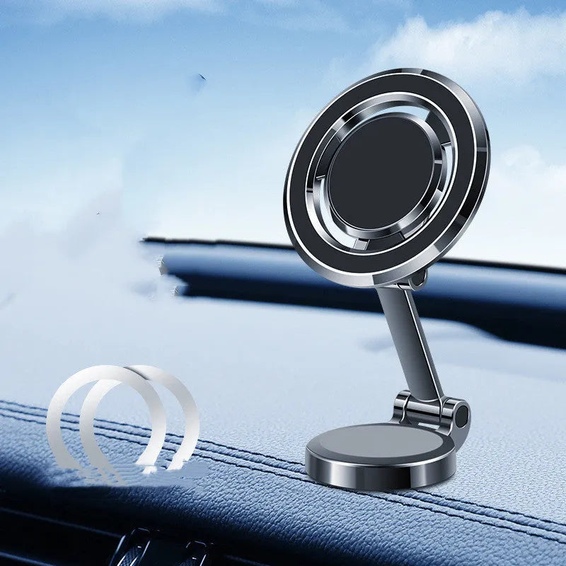 Obsidian black car phone holder with flexible clip and 360-degree rotating bracket on a dashboard.