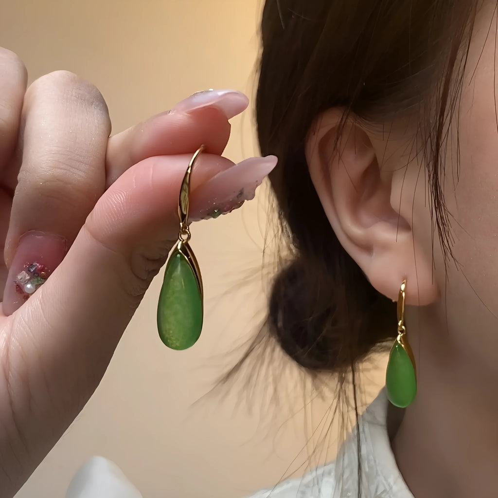 Copper geometric water droplet earrings with electroplated jade colour, Chinese retro style.