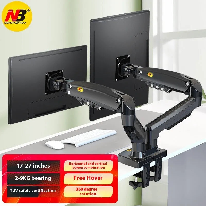 Aluminium dual monitor desk stand holding two screens, with mechanical adjustment arms.
