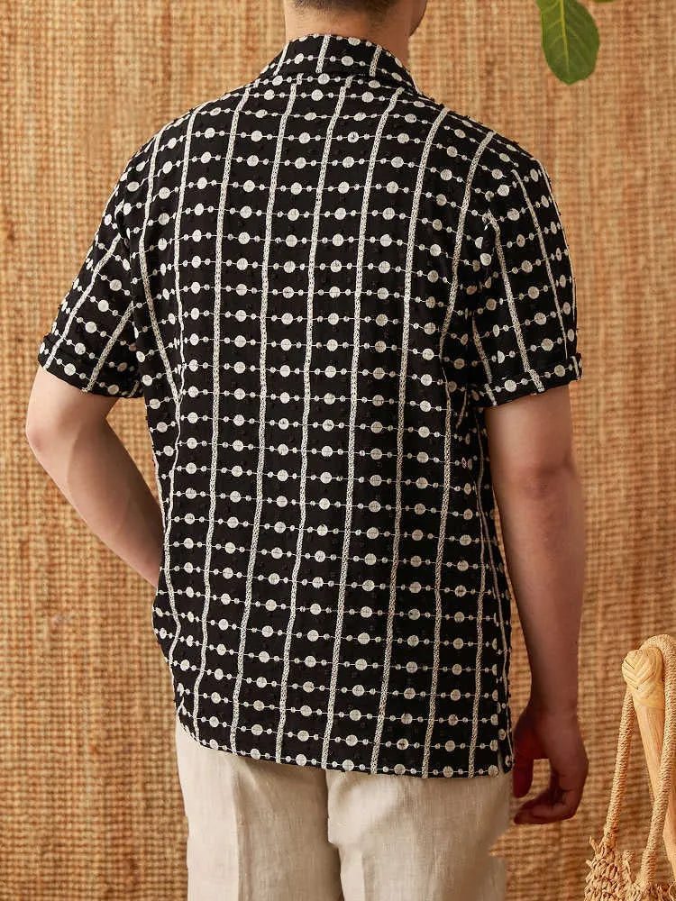 Black 100% cotton men's short sleeve Cuban collar shirt with single-breasted placket and embroidered printed detailing