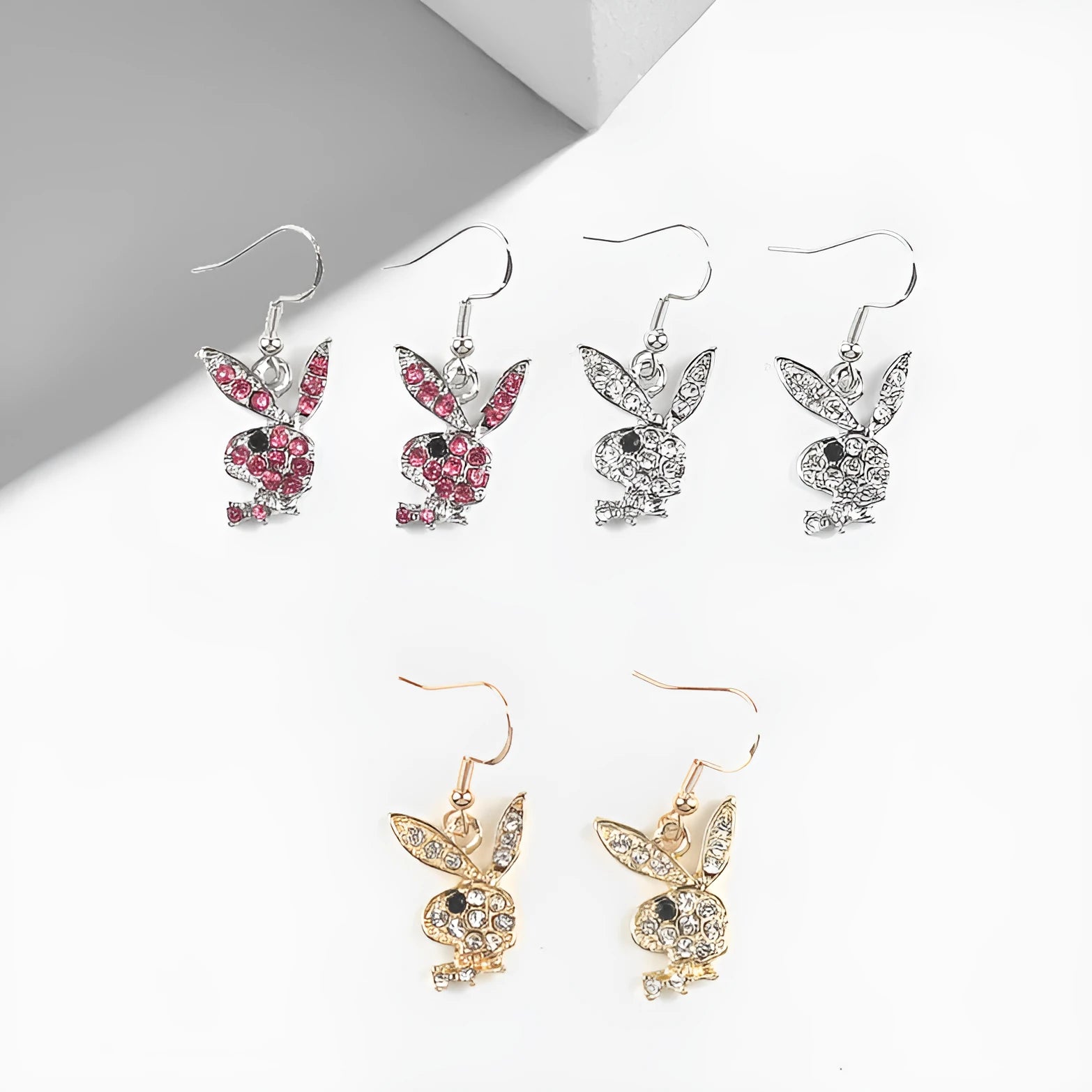 Rabbit stud earrings in alloy, full diamond finish, silver pink and gold, 1 pair