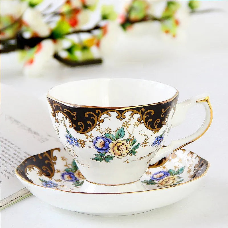 European porcelain coffee cup and saucer set with pastoral style pattern in assorted colours