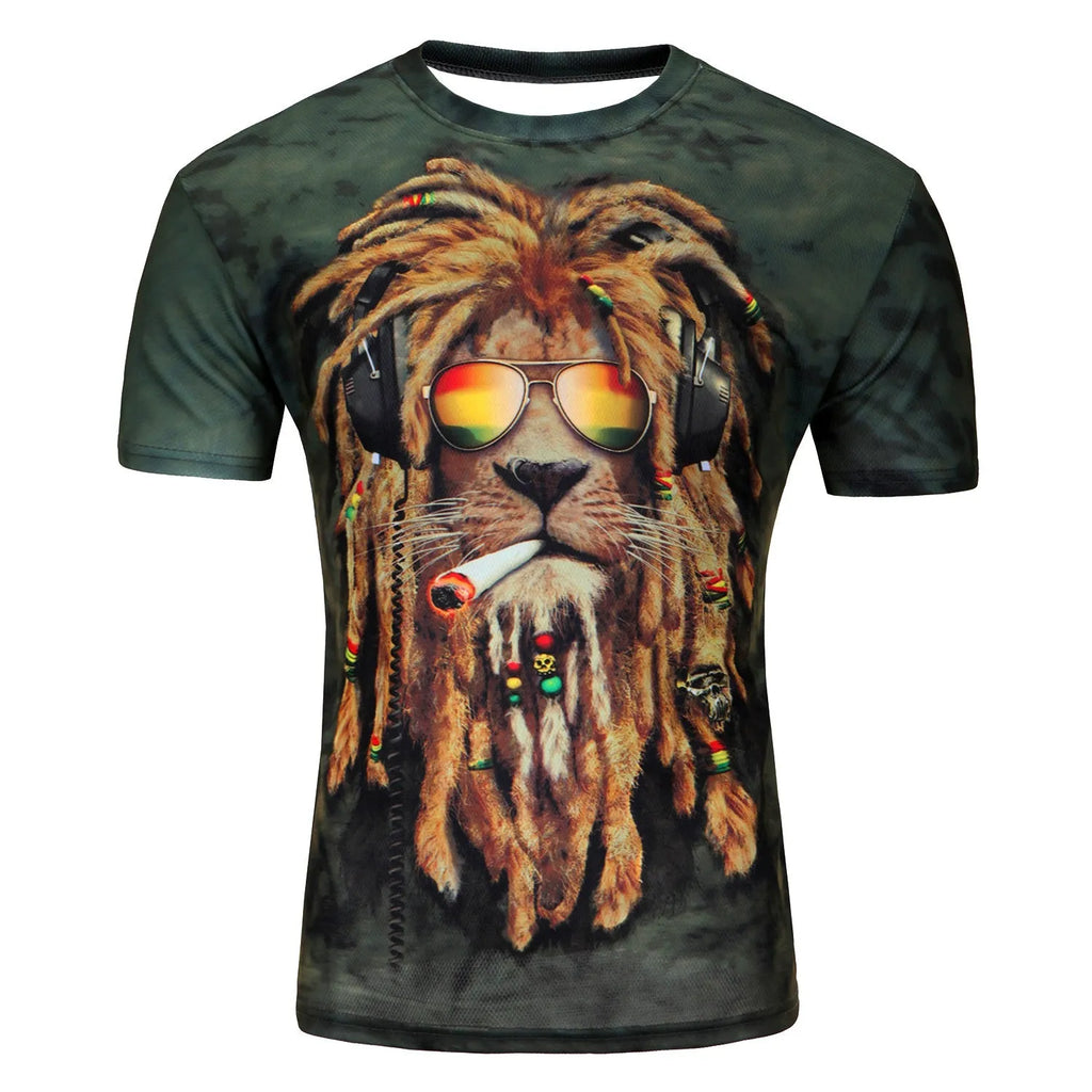 Men's 3D lion print short sleeve T-shirt round neck chemical fibre blend summer casual top