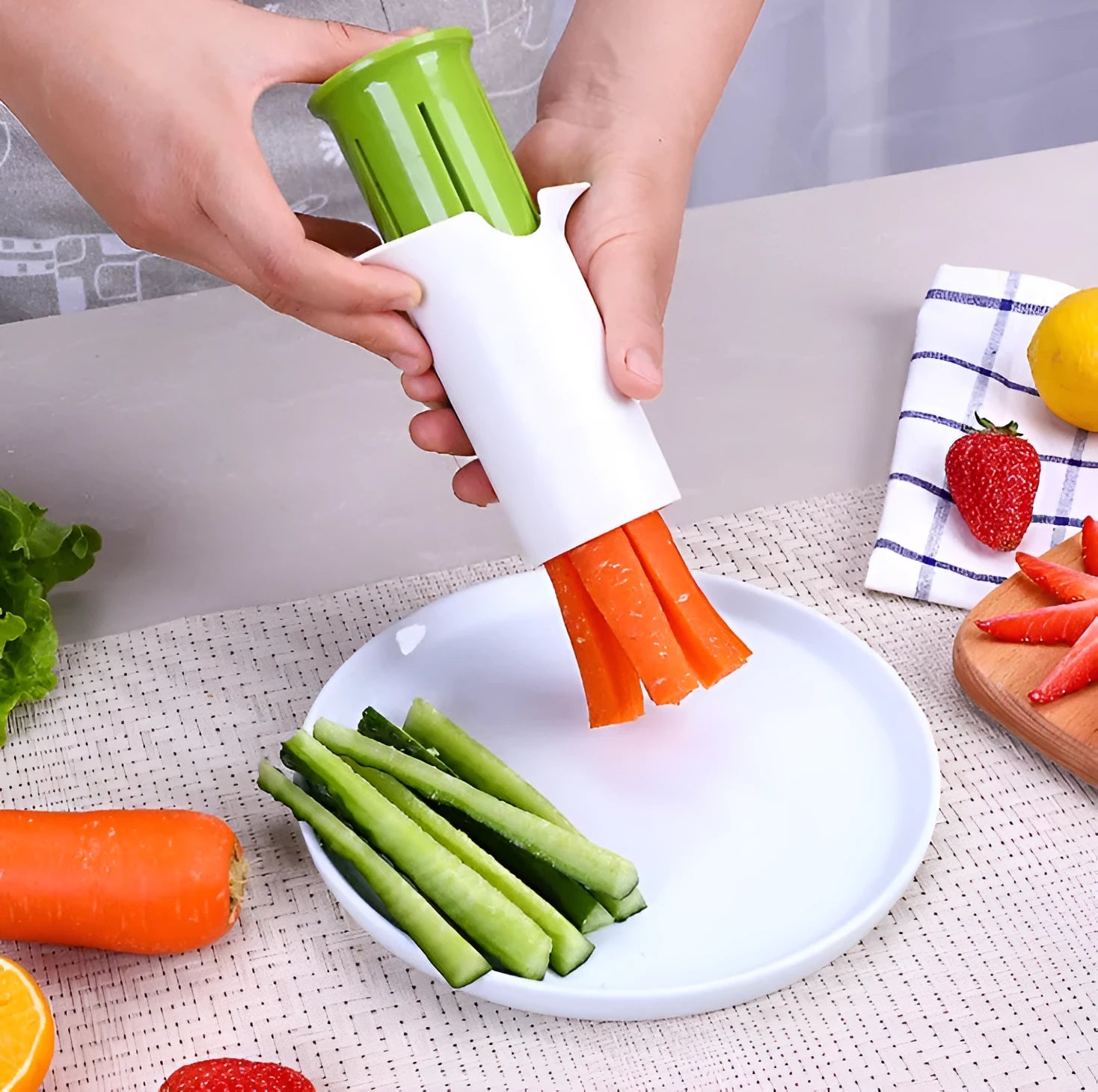 White kitchen vegetable and fruit slicer with six stainless steel blades.