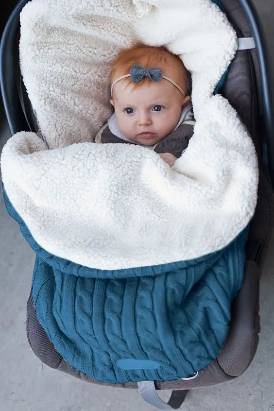 Baby stroller sleeping bag with envelope design in various colours showing lamb cashmere lining and cotton wool filling