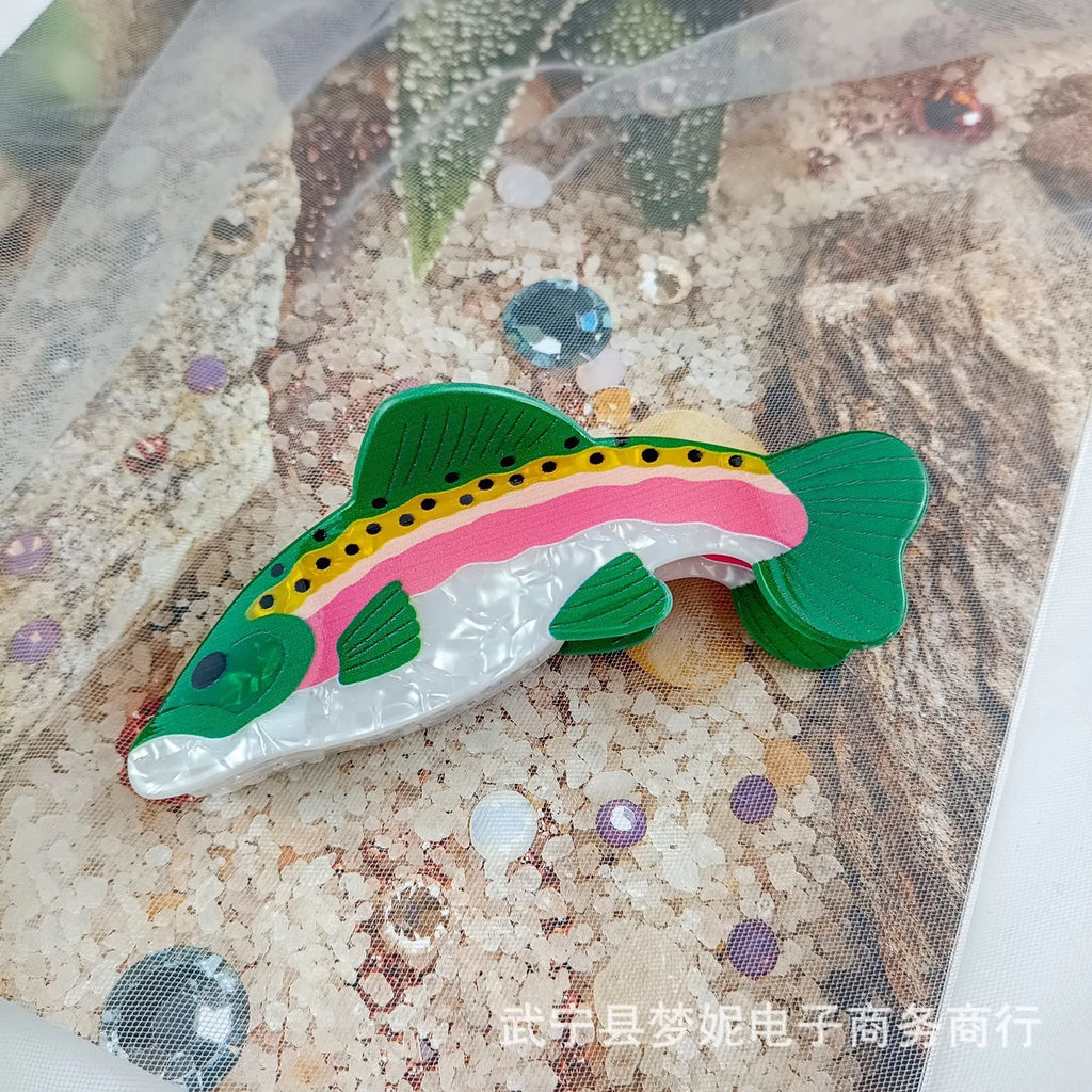 Dark green PVC hair clip featuring a printed rainbow trout and carp design.