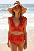 Ruffled swimwear with lotus leaf skirt design in polyester fiber available in red black and orange