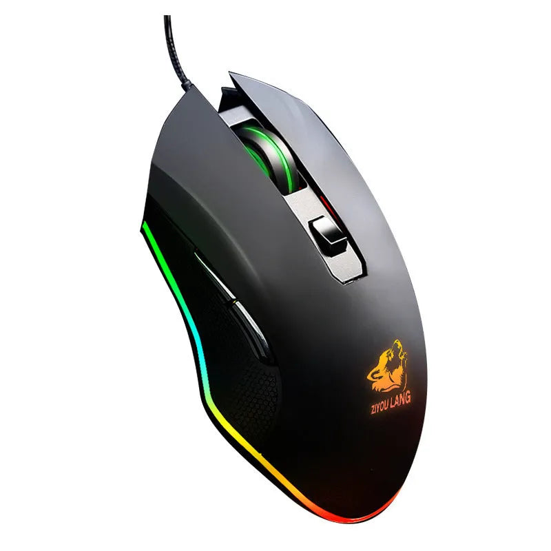 Black wired macro definition gaming mouse with RGB backlight and ergonomic shape on a desk