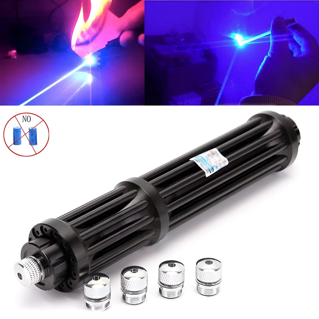 Black anodised aluminium laser flashlight with blue indicator and tail switch, shown next to an 18650 battery for scale.