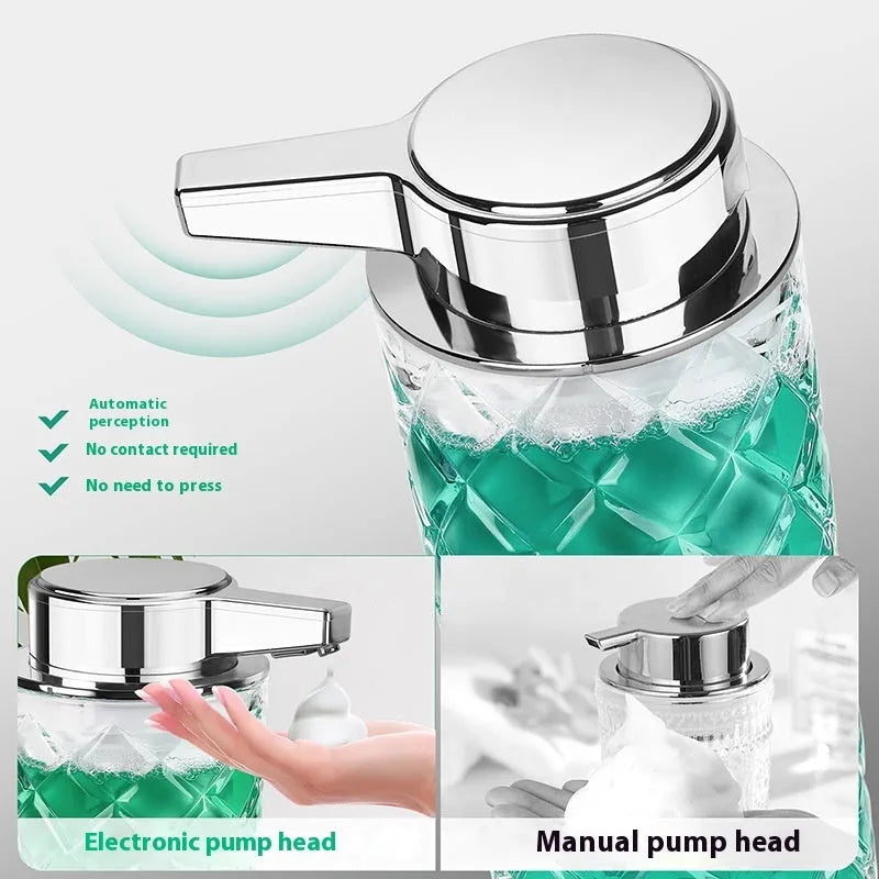 Silver automatic sensor soap dispenser with type-c charging port on a bathroom counter.