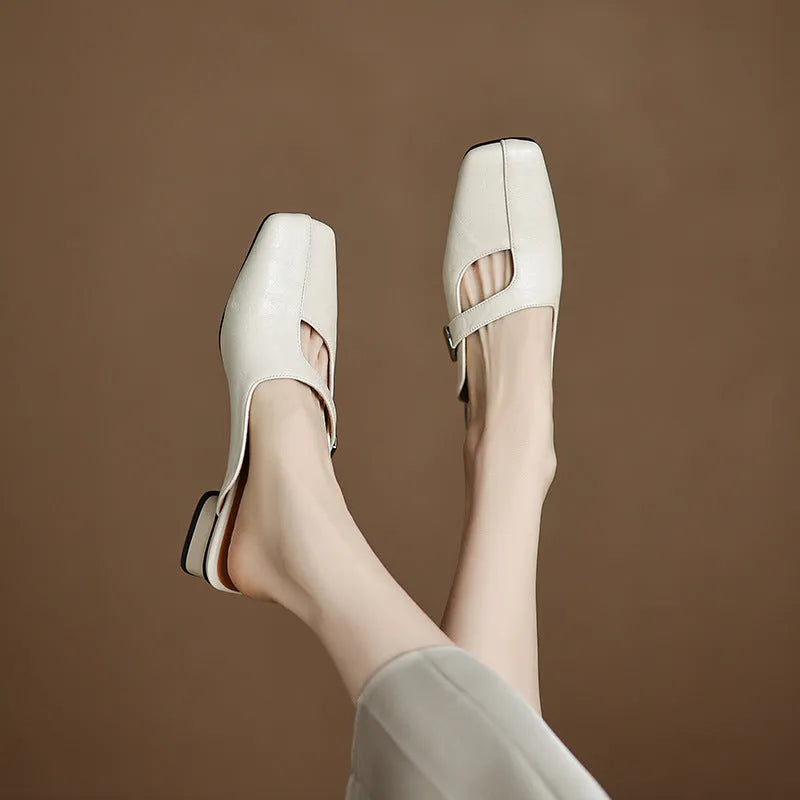 Square head low heel leisure slipper in artificial PU, shown in black, beige, and silver colour options.
