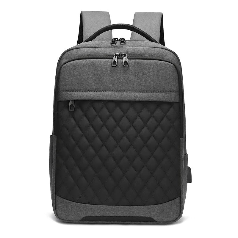 Men's Oxford cloth travel backpack in solid colour with curved shoulder straps and diamond mesh detailing