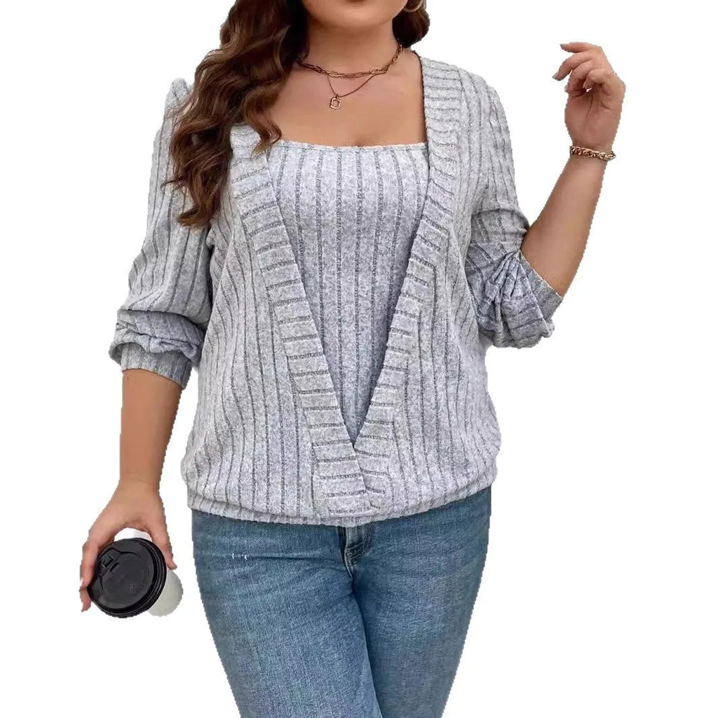 Solid colour women's V-neck long sleeve two-piece suit with ribbed texture in a loose fit