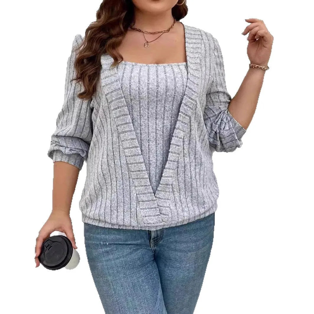 Solid colour women's V-neck long sleeve two-piece suit with ribbed texture in a loose fit