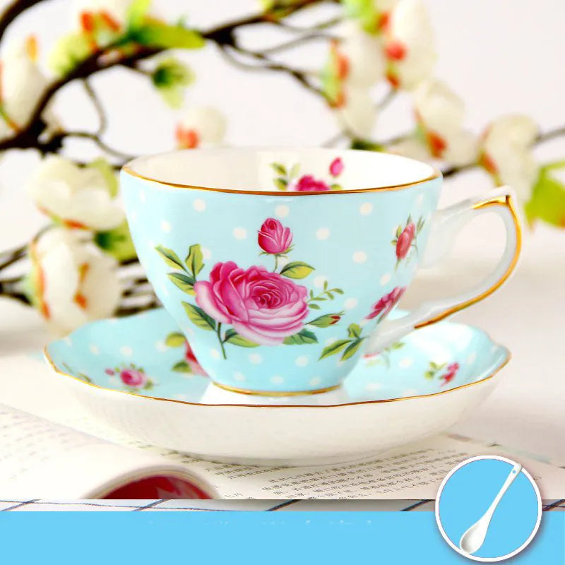 European porcelain coffee cup and saucer set with pastoral style pattern in assorted colours