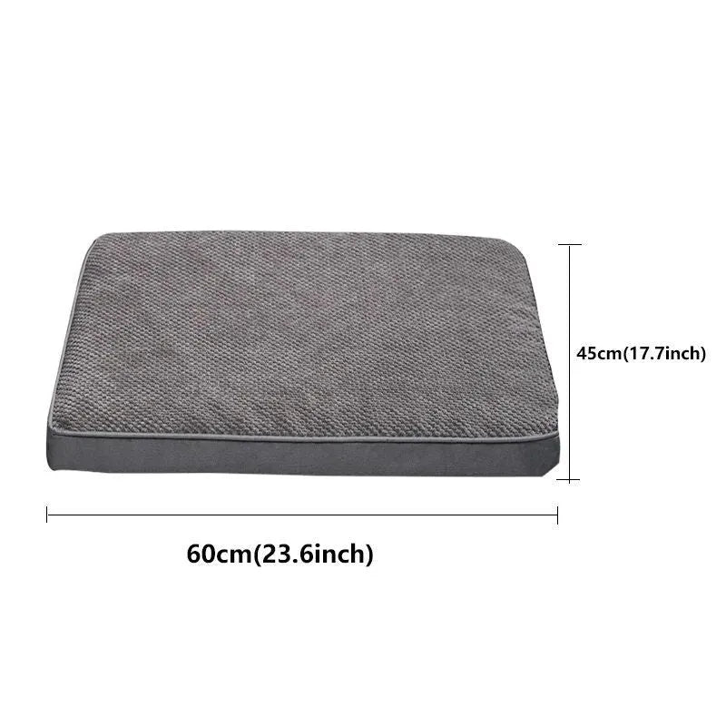 Pet memory foam mat with removable cover in grey, coffee, green, and khaki colours, four sizes