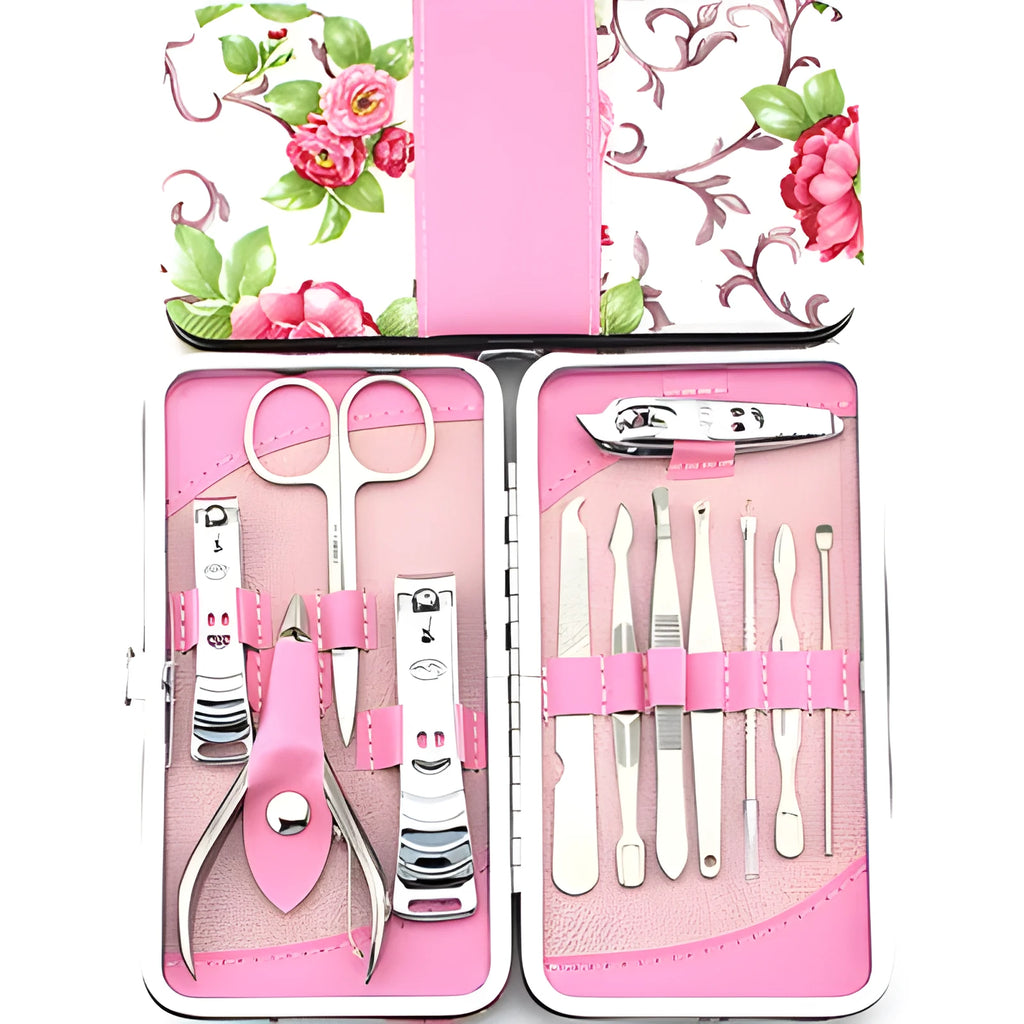 Stainless steel 12-piece nail clipper set with pink flower design including nail scissors and clippers