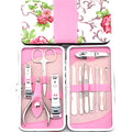 Stainless steel 12-piece nail clipper set with pink flower design including nail scissors and clippers