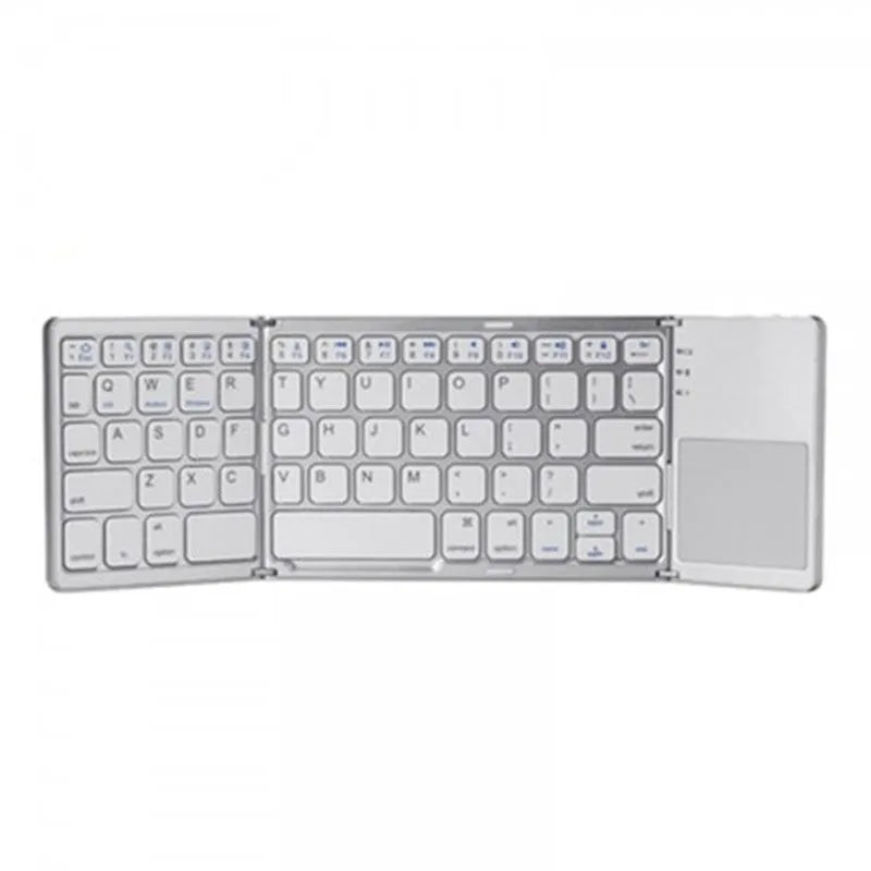 Folding Bluetooth keyboard with 64 ABS keys, black and white colour options, rechargeable battery, compact wireless design.