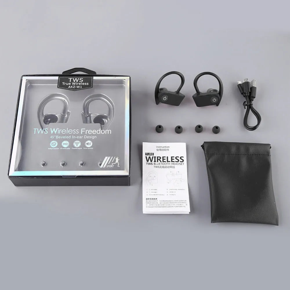 Black wireless Bluetooth in-ear headphones with ergonomic design and charging cable.