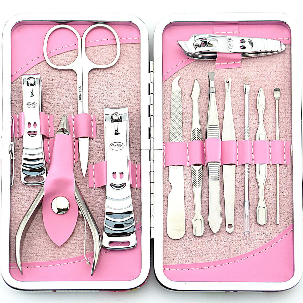 Stainless steel 12-piece nail clipper set with pink flower design including nail scissors and clippers