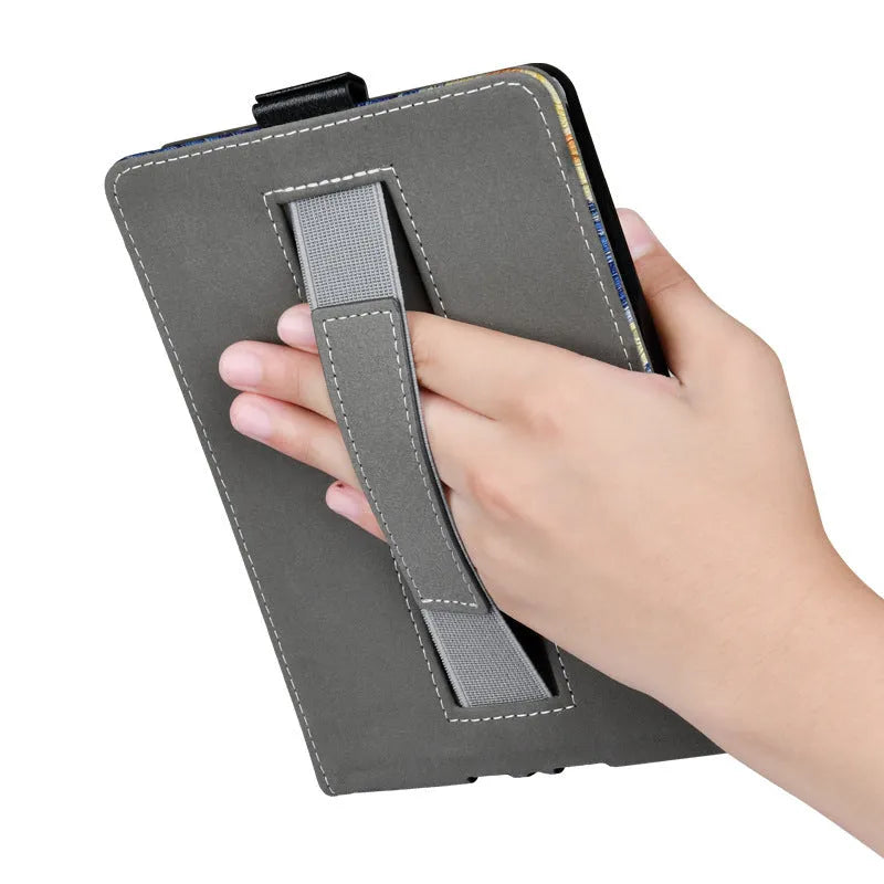 Kindle protective case with integrated hand strap in a choice of colours and printed designs.
