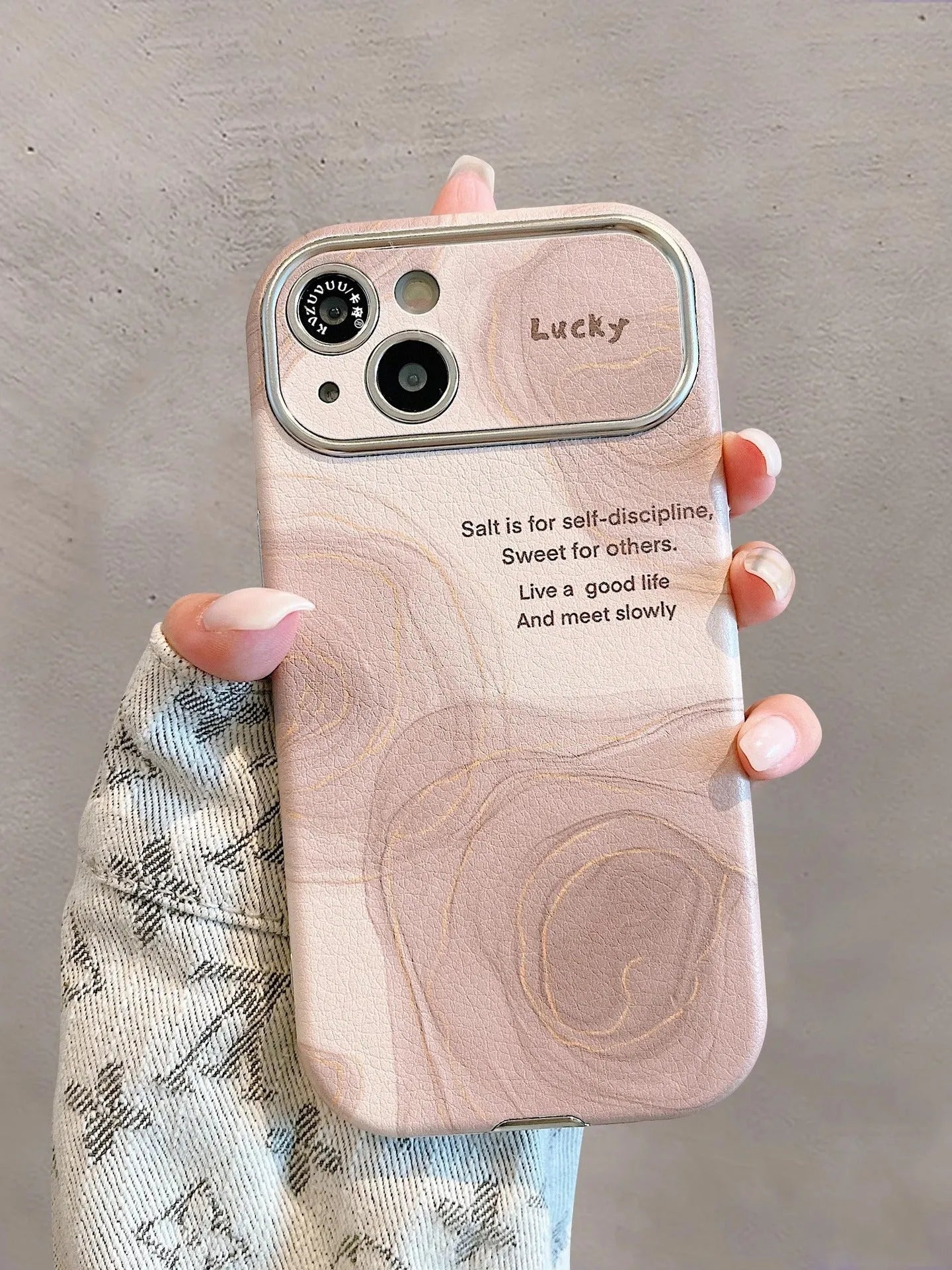 Large window lambskin silicone phone case in coffee colour with three-dimensional relief pattern compatible with iPhone