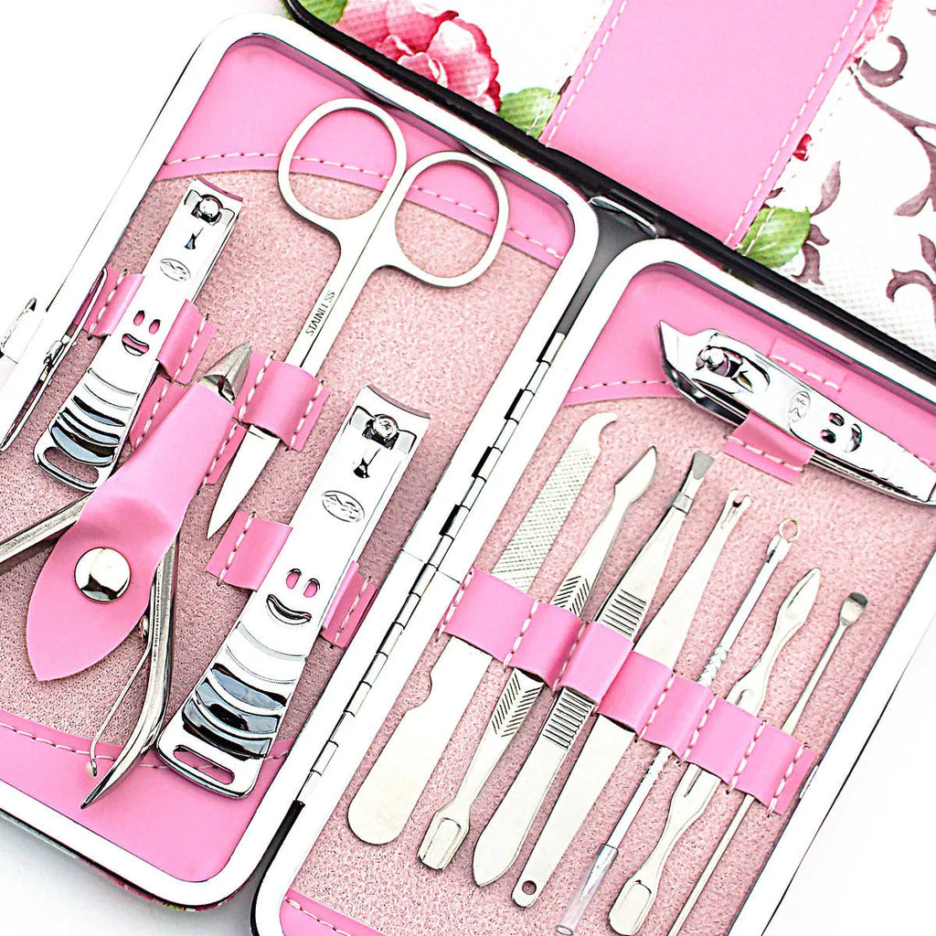 Stainless steel 12-piece nail clipper set with pink flower design including nail scissors and clippers
