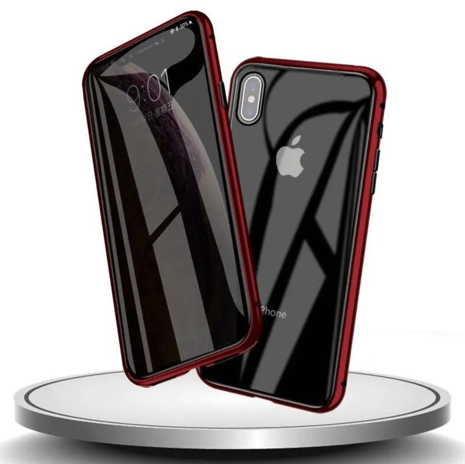 A closed clamshell phone case in blue glass with a geometric pattern, next to an iPhone showing the narrow viewing angle when open.