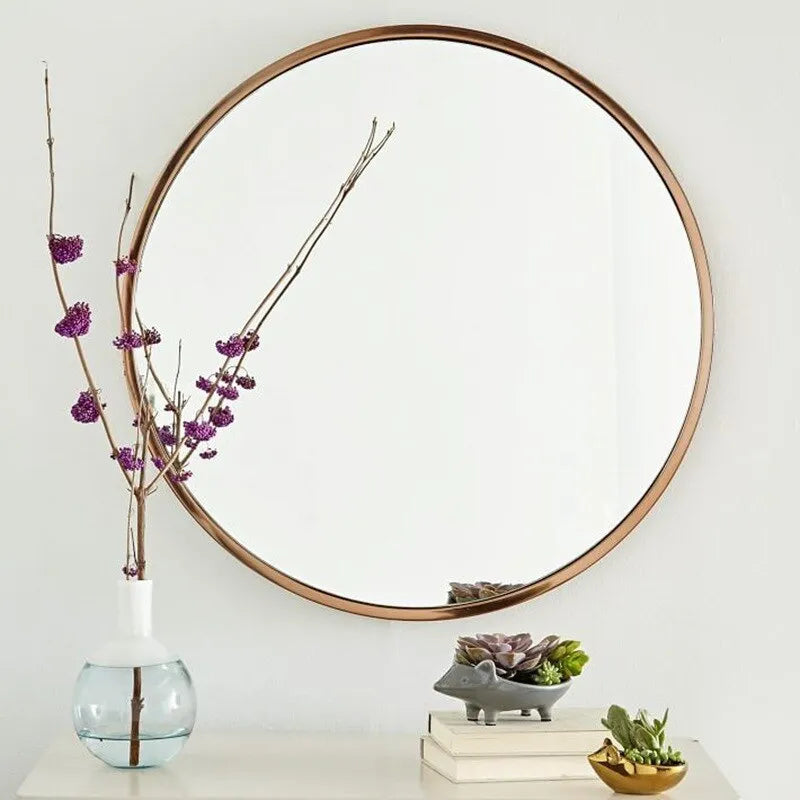 Round iron bathroom wall mirror in black, gold, or white, 30cm or 60cm diameter.