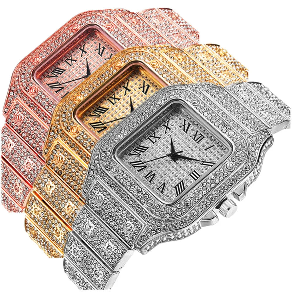 Roman numeral quartz watch set with bracelet and necklace in gold, rose gold, or silver.