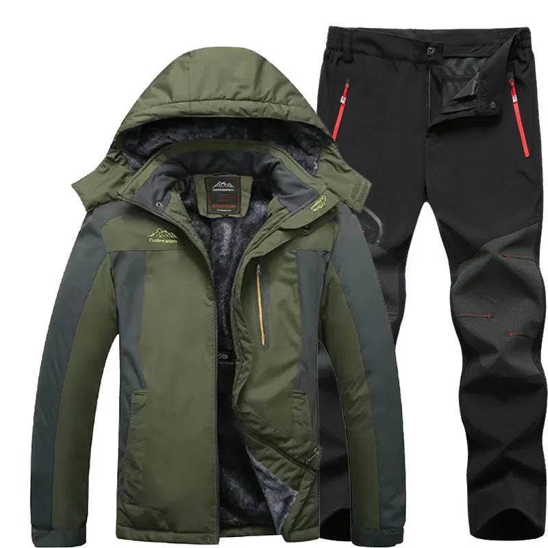 Men's windproof jacket and trousers set in army green, polyester fabric, with waterproof rating 5001-10000mm, for outdoor hiking and camping