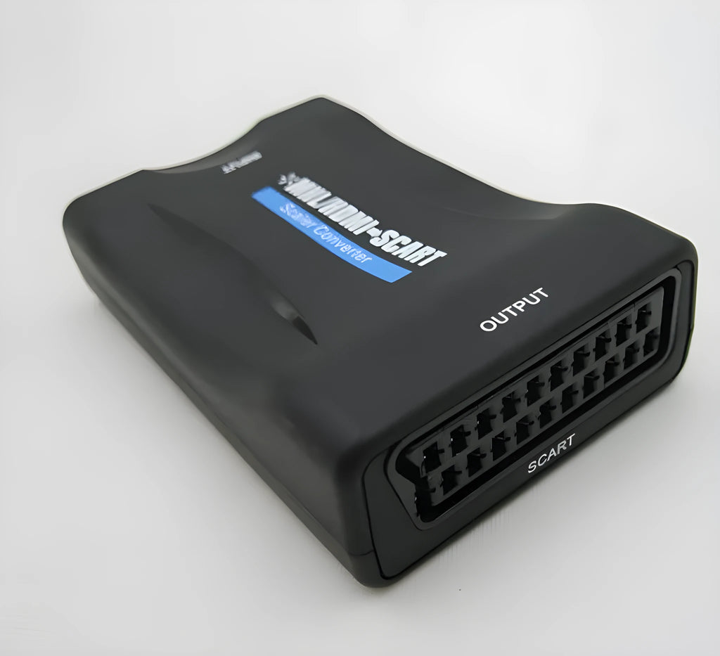 Compact HDMI to Scart converter with 1080P support, showing both HDMI and Scart ports