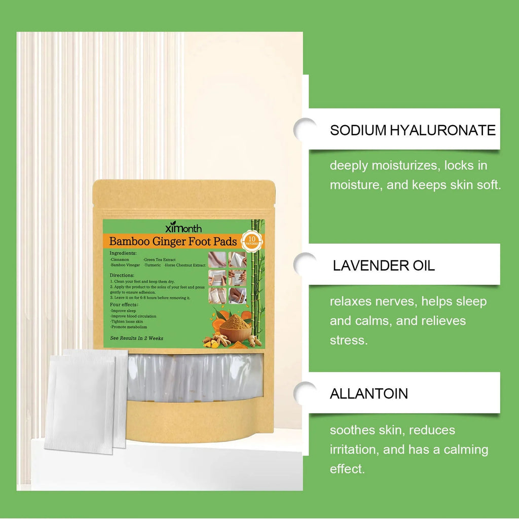 Health patch adhesive bandage pack containing 10 patches with natural ingredients including ginger and turmeric.