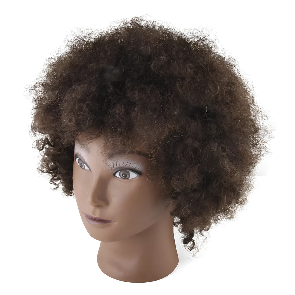 Black real human hair wig model with short harsh fluffy style on head mold base