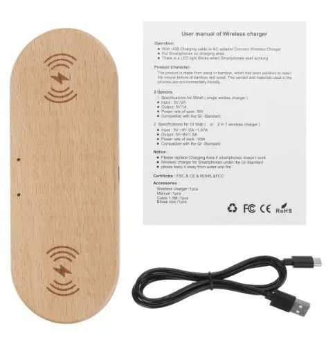 Wood wireless charger in bamboo, beech or walnut with direct charge and 5 V input