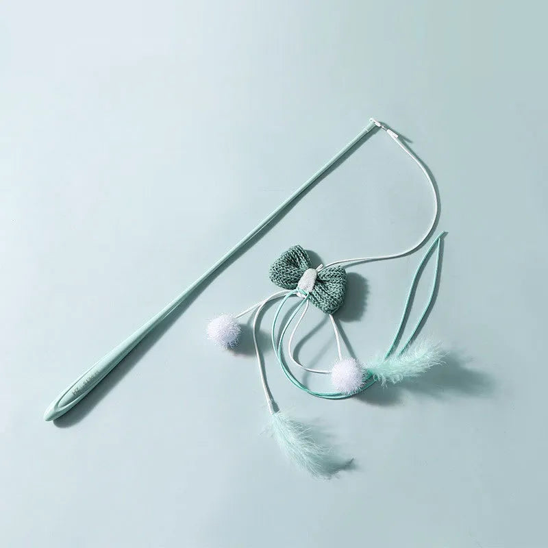 Long pole cat teaser toy with feather attachment and bite-resistant construction in blue colour
