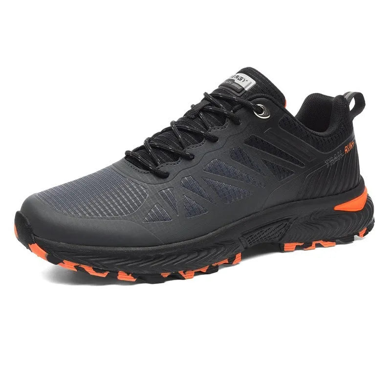 Men's black breathable mesh running shoes with lace-up front and flat heel on a neutral background.