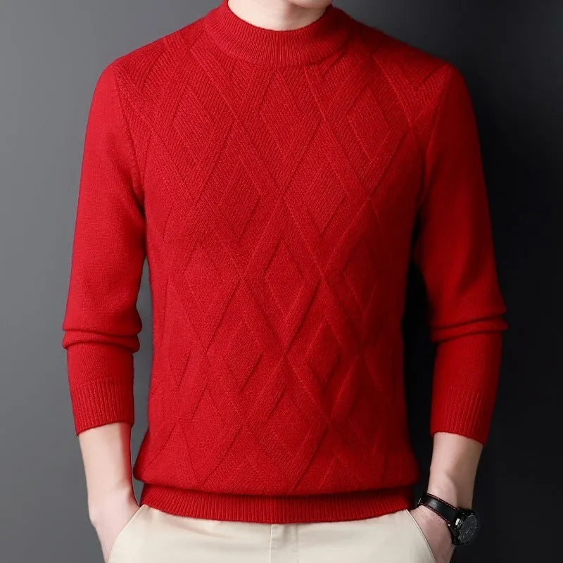 Men's diamond jacquard winter sweater in light camel colour, wool blend fabric