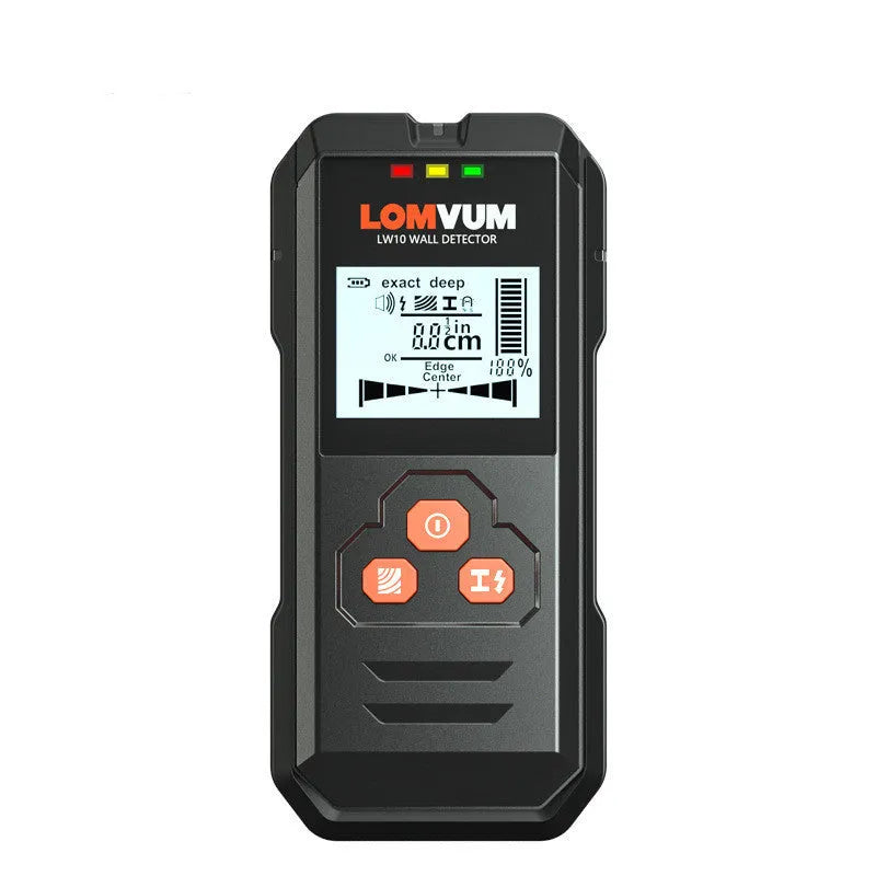 Handheld multifunctional wall detector for locating wires, metal pipes, and wooden studs behind walls.