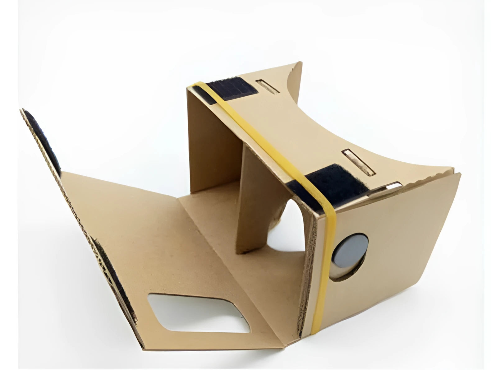 Pink and white cardboard VR glasses with adjustable rubber head strap and 3D lenses for smartphones.