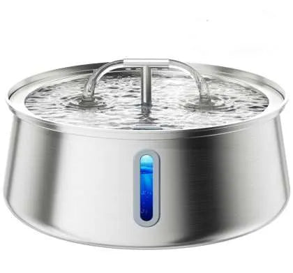 Stainless steel pet water dispenser with round basin and window faucet for dogs and cats.