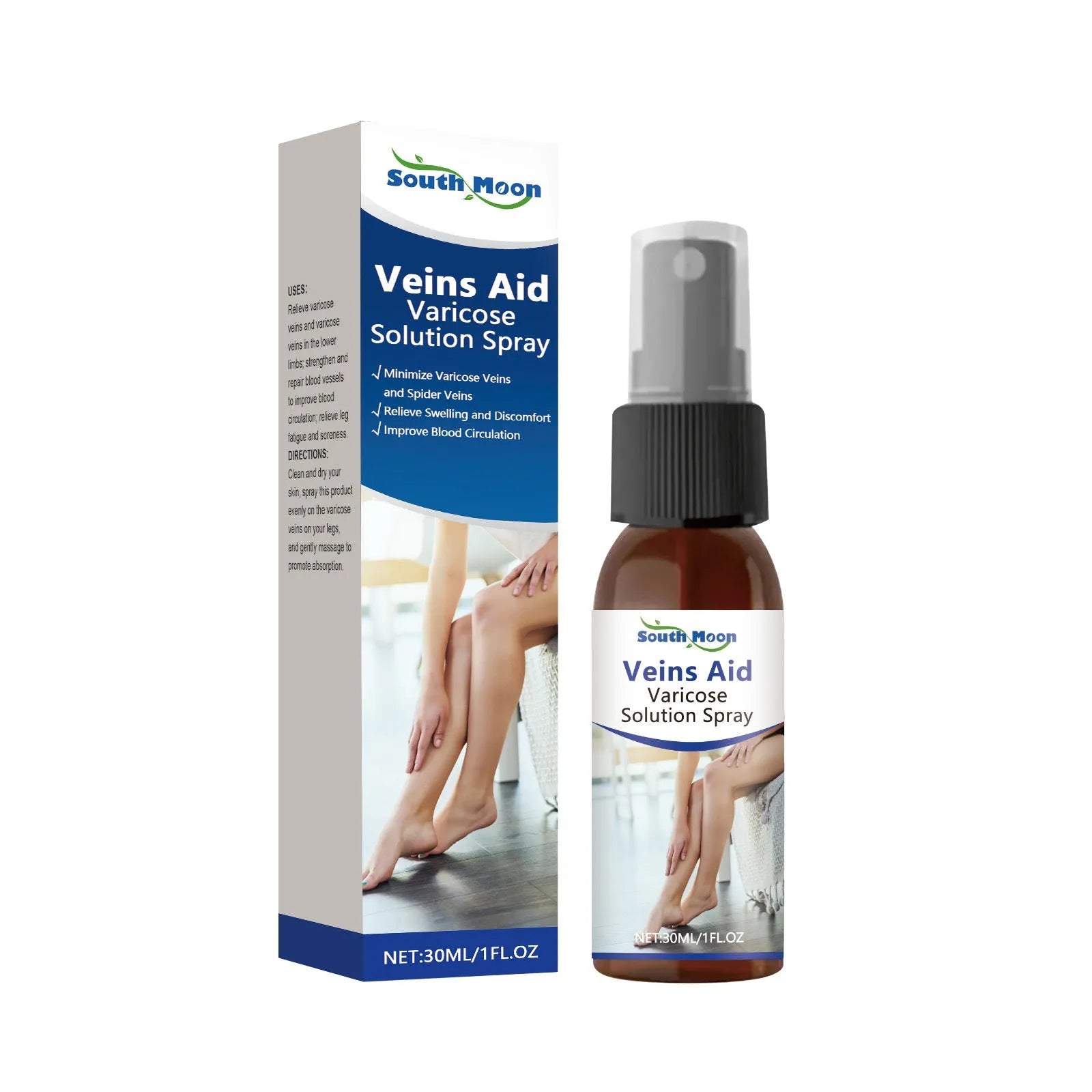 30ml bottle of leg care spray with menthol, ginger, and horse chestnut extracts