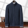 Men's solid colour cashmere cardigan sweater in medium gray, front view, for casual business layering