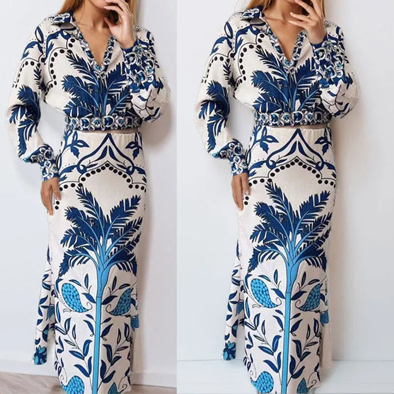 Women's early spring casual fashion set with long sleeve top and long skirt in picture colour.