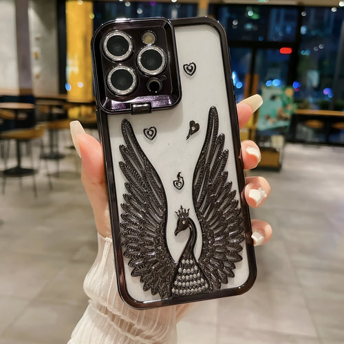 Angel wing frame bracket electroplated TPU phone case in transparent black for iPhone 15 Pro Max with built-in stand