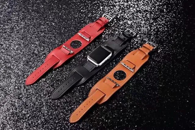 Genuine leather watch strap in black, blue, brown, and red for 38mm and 42mm lugs