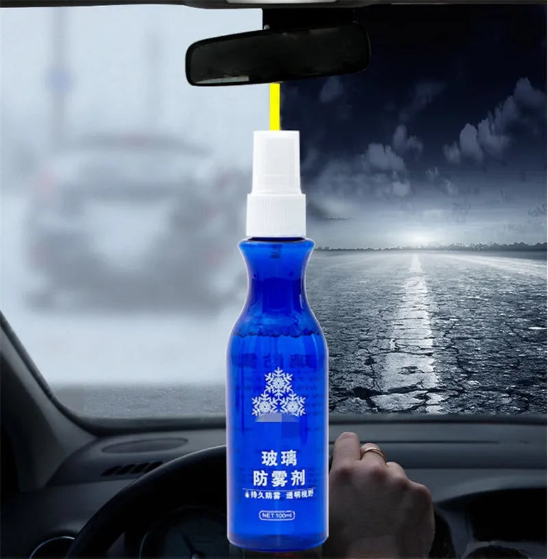 Blue 100 ml bottle of windshield liquid-spray anti-fog agent for car glass rain and mist removal